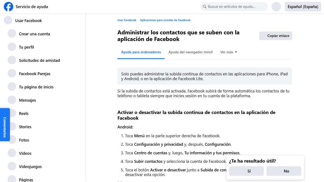 Administrar los contactos que se suben con la aplicación de Facebook | Servicio de ayuda de Facebook