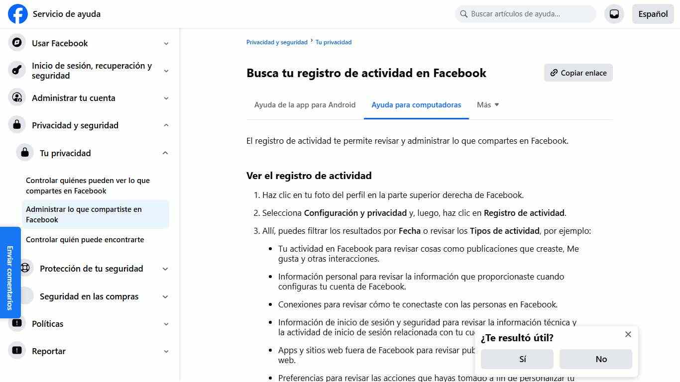 Busca tu registro de actividad en Facebook | Servicio de ayuda de Facebook